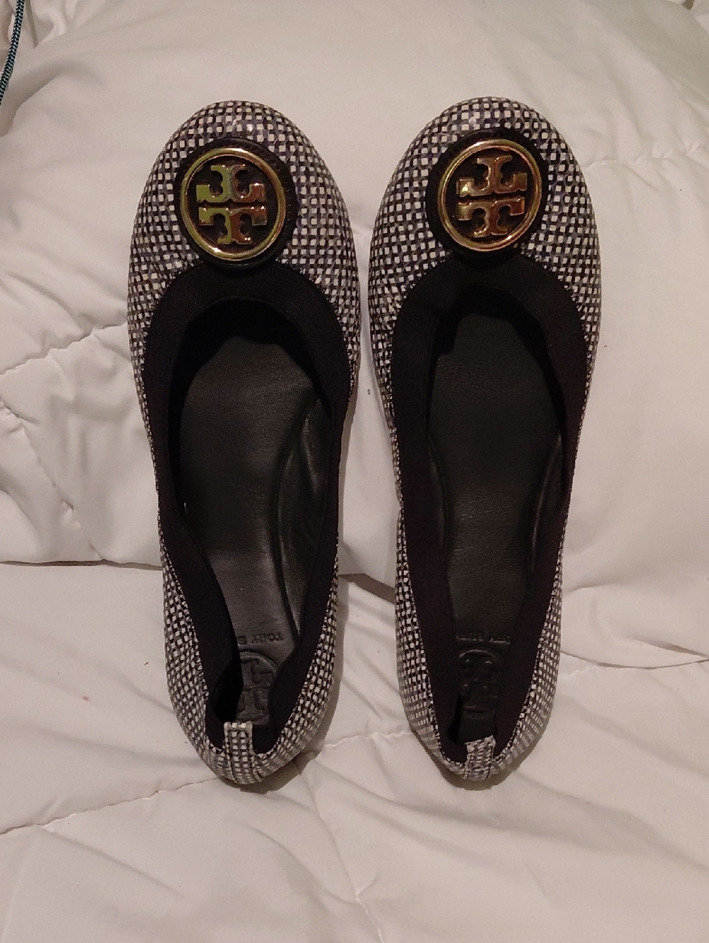 Tory Burch Black & White Woven Logo Ballet Flats